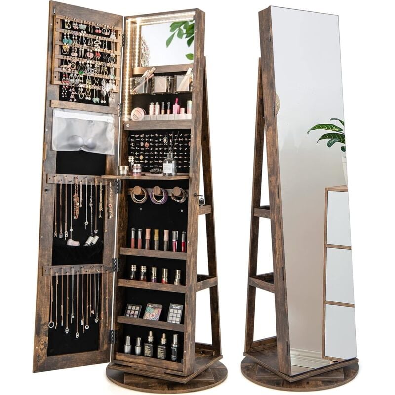 Relax4life - Armoire à Bijoux Rotative à 360° avec Miroir et Lumières led 3 Couleurs, Organisateur pour Bijoux 54,5 x 54,5 x 161 cm, Couleur Rétro