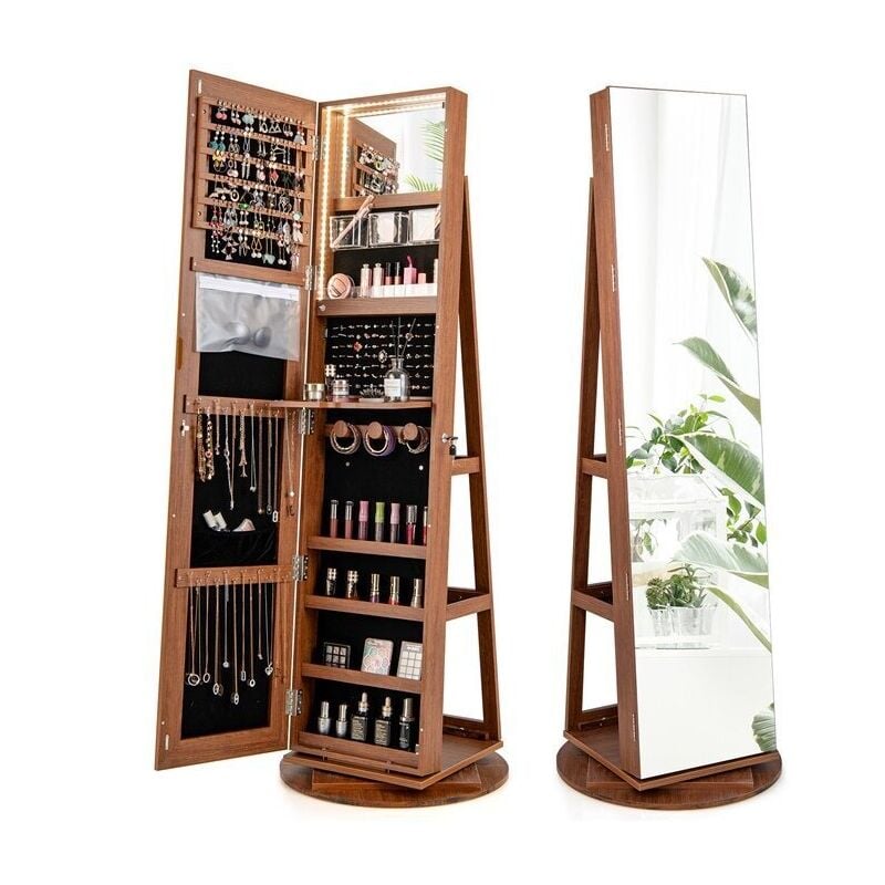 Relax4life - Armoire à Bijoux Rotative à 360° avec Miroir et Lumières led 3 Couleurs, Organisateur pour Bijoux 54,5 x 54,5 x 161 cm, Marron