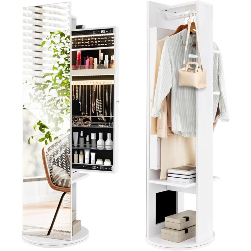 Relax4life - Armoire à Bijoux Rotative avec Miroir et Lumières led, Organisateur de Bijoux avec Tringle à Vêtements et Étagères, Rangement pour