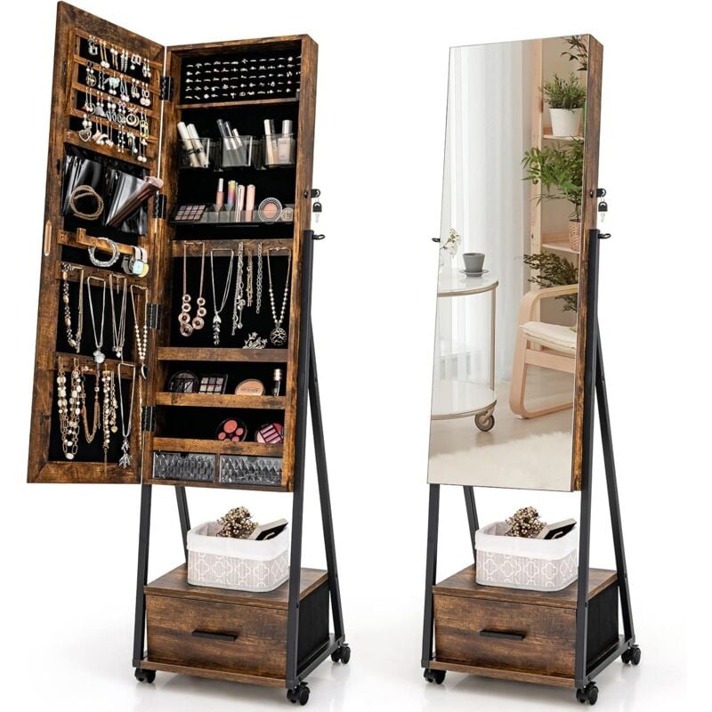 Relax4life - Armoire à Bijoux sur Pied à Roulettes avec Miroir Pleine Longueur & Porte Verrouillable, Organisateur de Bijoux avec Grand Tiroir en Bas