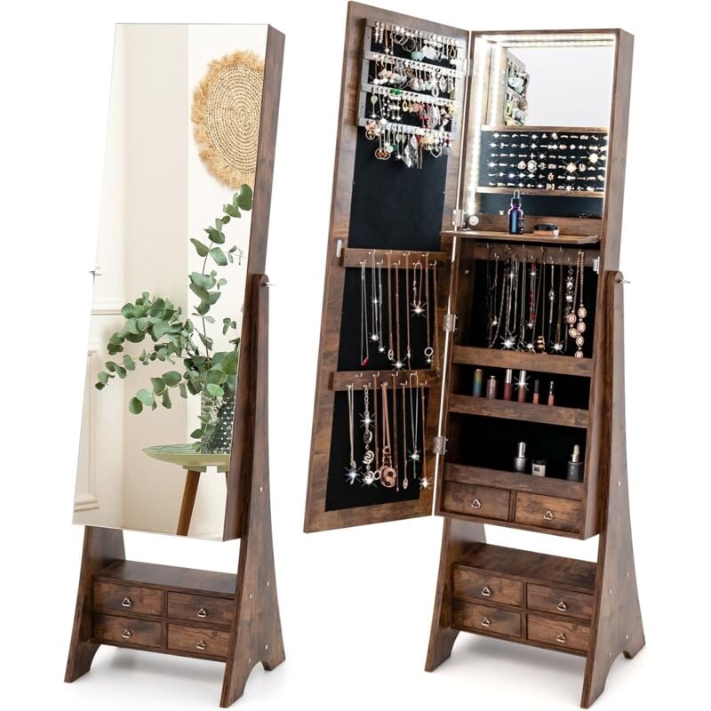 Relax4life - Armoire à Bijoux sur Pied avec Miroir Pleine Longueur, 3 Angles d'Inclinaison, Miroir sur Pied avec Rangement, Verrouillage à Clé,