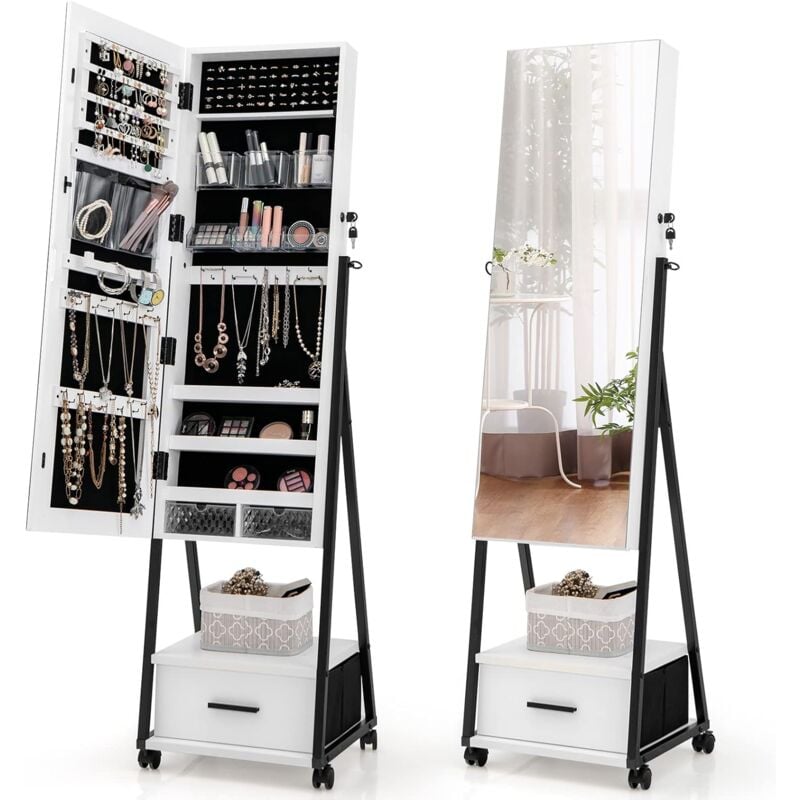 Relax4life - Armoire à Bijoux sur Pied avec Miroir Pleine Longueur & Porte Verrouillable & Roulettes, Organisateur de Bijoux avec 2 Tiroirs
