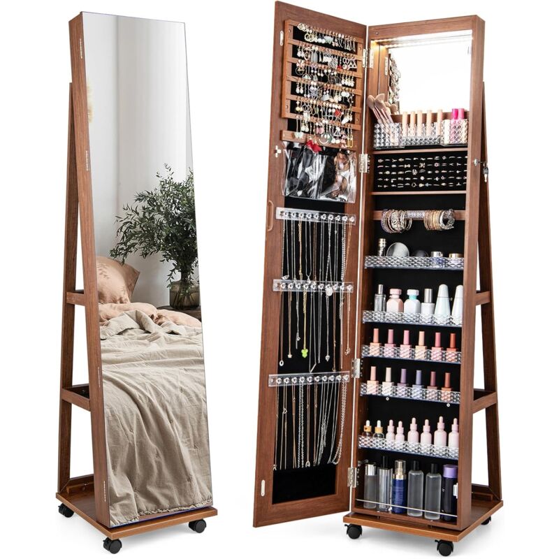 RELAX4LIFE Armoire à Bijoux sur Pied Mobile à 4 Roulettes 360º & Miroir Pleine Longueur, Miroir sur Pied avec Rangement Bijoux, Verrouillable à Clé,