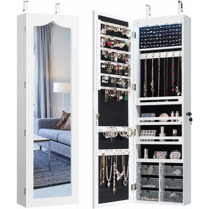Relax4life - Armadietto Portagioie da Porta/Parete con led, Organizer Capiente a Scomparti per Gioielli e Accessori, Anta con Specchio a Figura