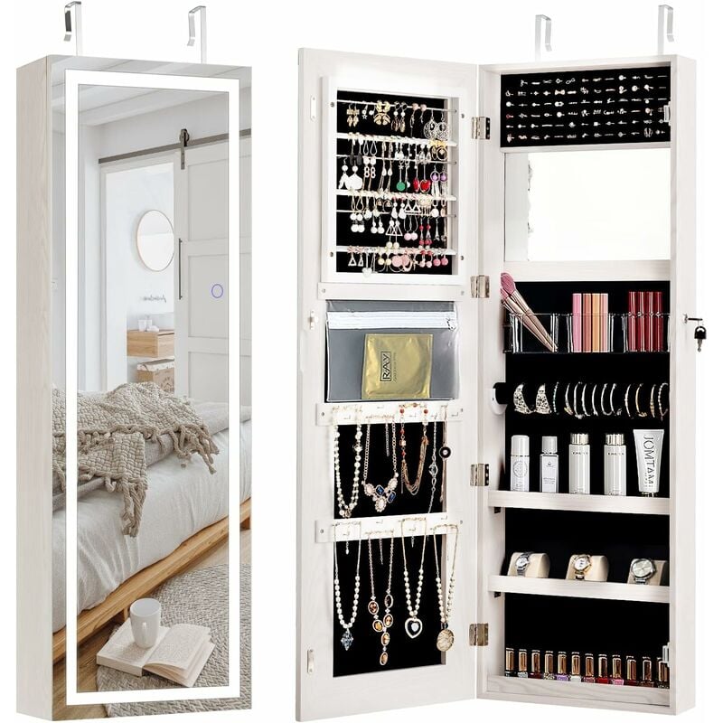 Relax4life - Armoire à Bijoux Lumineux avec Miroir, Armoire Murale avec Grand Espace de Rangement avec Doublure en Flanelle, Organisateur de Bijoux