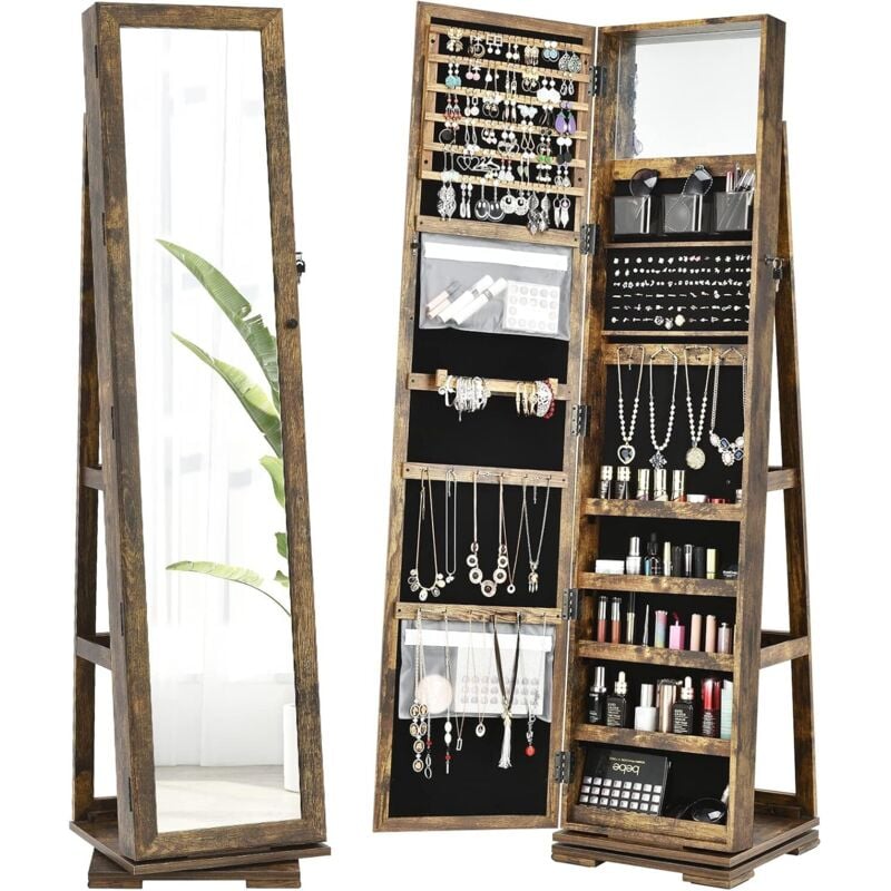 Relax4life - Armadietto Portagioie Girevole da Terra con Porta a Specchio, Organizer per Gioielli e Accessori con Base Girevole a 360º, Portaoggetti