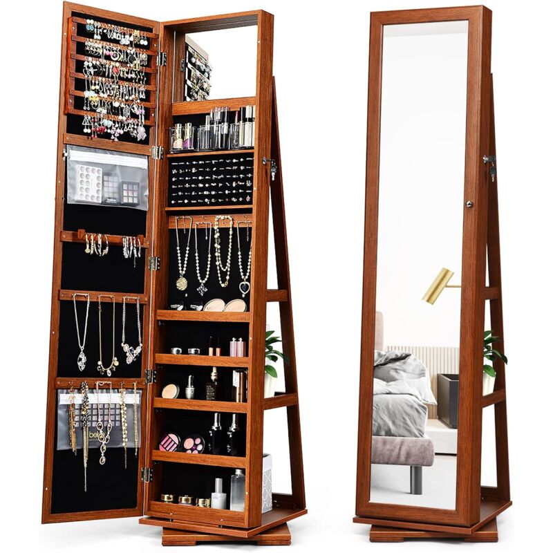 Relax4life - Armadietto Portagioie Girevole da Terra con Porta a Specchio, Organizer per Gioielli e Accessori con Base Girevole a 360º, Portaoggetti