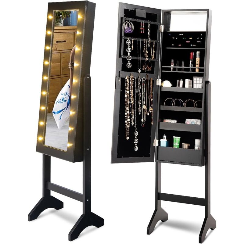 Relax4life - Armoire à Bijoux sur Pieds avec Miroir et Lumière led, Armoire de Maquillage avec 4 Couches pour Anneaux, Boucle d'oreille, Bracelet, 16