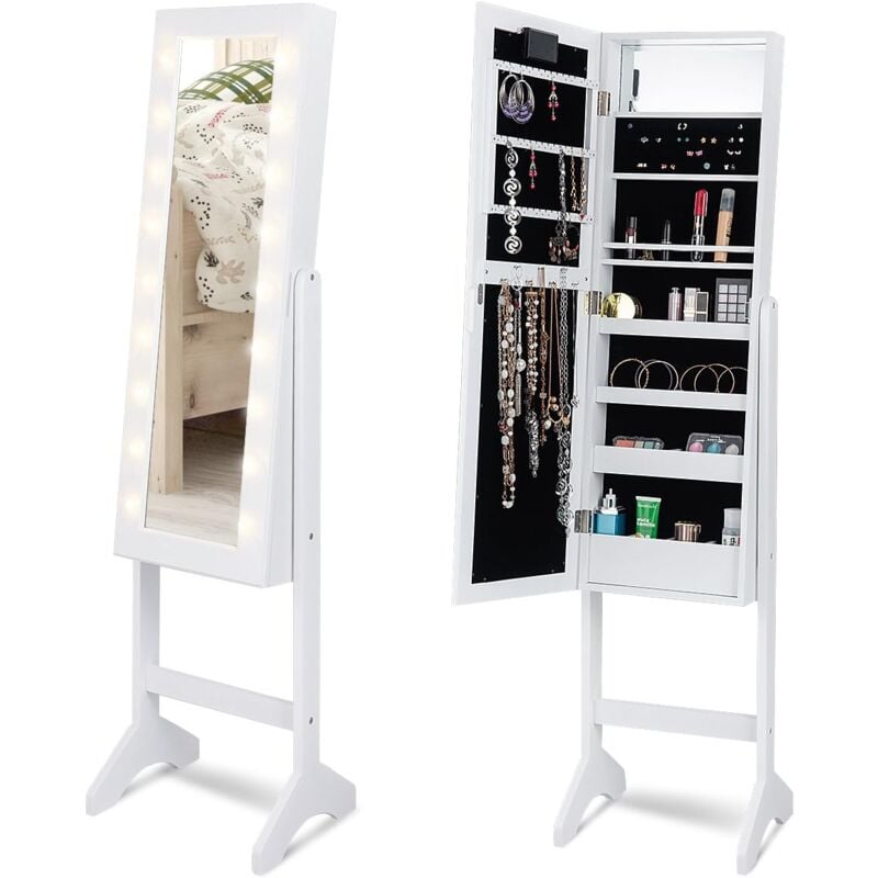 Relax4life - Armoire à Bijoux sur Pieds avec Miroir et Lumière led, Armoire de Maquillage avec 4 Couches pour Anneaux, Boucle d'oreille, Bracelet, 16