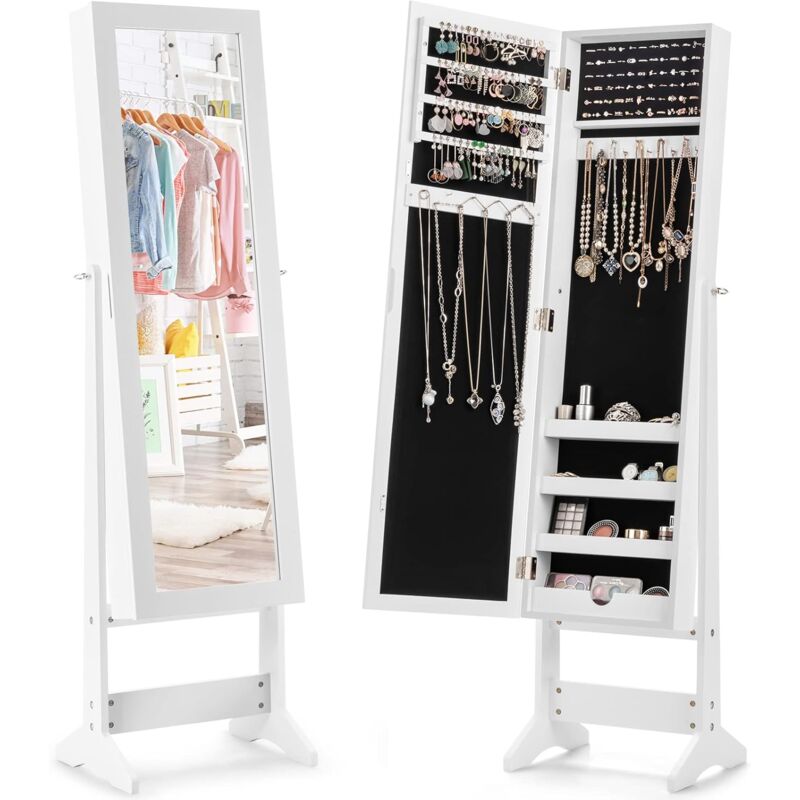 Relax4life - Armoire à Bijoux sur Pieds avec Miroir Pleine Longueur hd 4 Angles Réglables, Armoire à Bijoux avec Grand Espace de Rangement pour