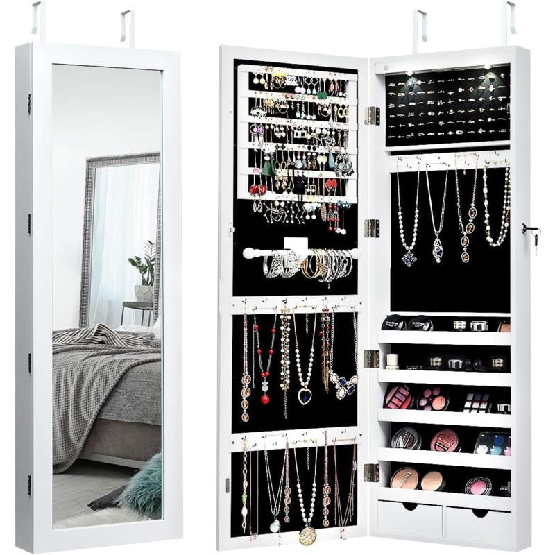 Relax4life - Armoire à Bijoux Verrouillable avec Miroir Plein et led, Organisateur de Bijoux Accrochable en mdf avec Grande Capacité de Rangement