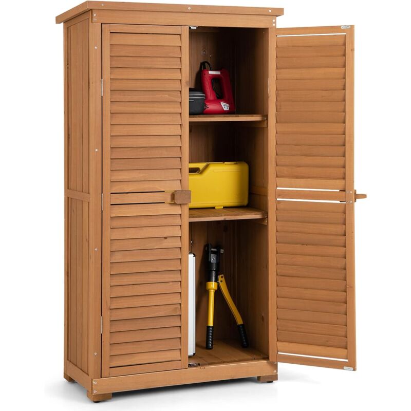 Armoire de Jardin en Bois, Abri de Jardin avec 3 Étagères Amovibles et Lattes, Abri à Outils avec Toit à Pente en Asphalte, 87 x 47 x 160 cm