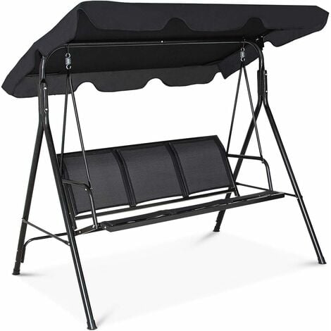 RELAX4LIFE Balancelle de Jardin en Textilène 3 Places avec Toit Épais Imperméable et Structure en Acier Pulvérisé, Balancelle de Grand Confort pour Jardin, Patio, Parc, Cour (3 Places, Noir)