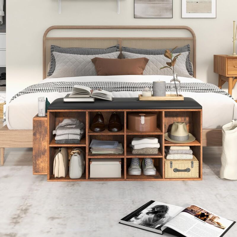 Banc à Chaussures avec 10 Compartiments, Meuble de Chaussures en Bois avec Coussin de Siège en pu, Étagères Démontable Réglables, Range-Chaussures