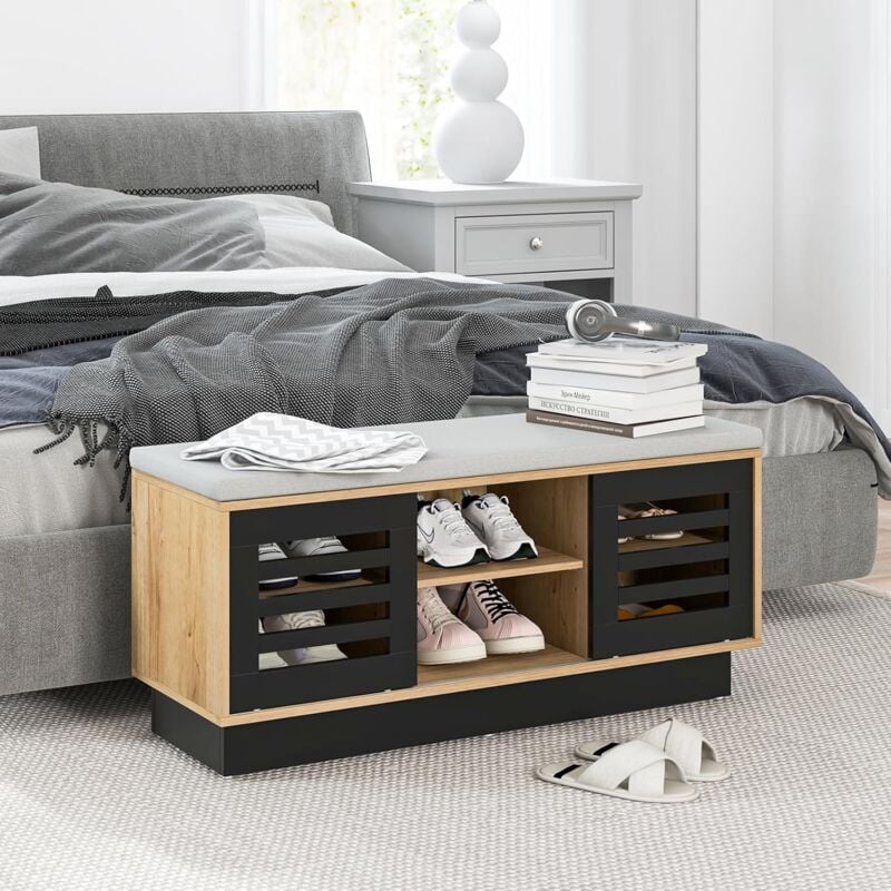 Banc à Chaussures avec Coussin d'Assise 2 Portes Coulissante, Banc de Rangement avec 6 Compartiments pour Entrée Couloir Salon (Naturel+Noir,