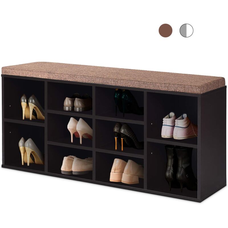 RELAX4LIFE Banc à Chaussures avec 10 Compartiments, Meuble de Chaussures en Bois avec Coussin de Siège, Étagères Démontable et Réglables, Meuble de