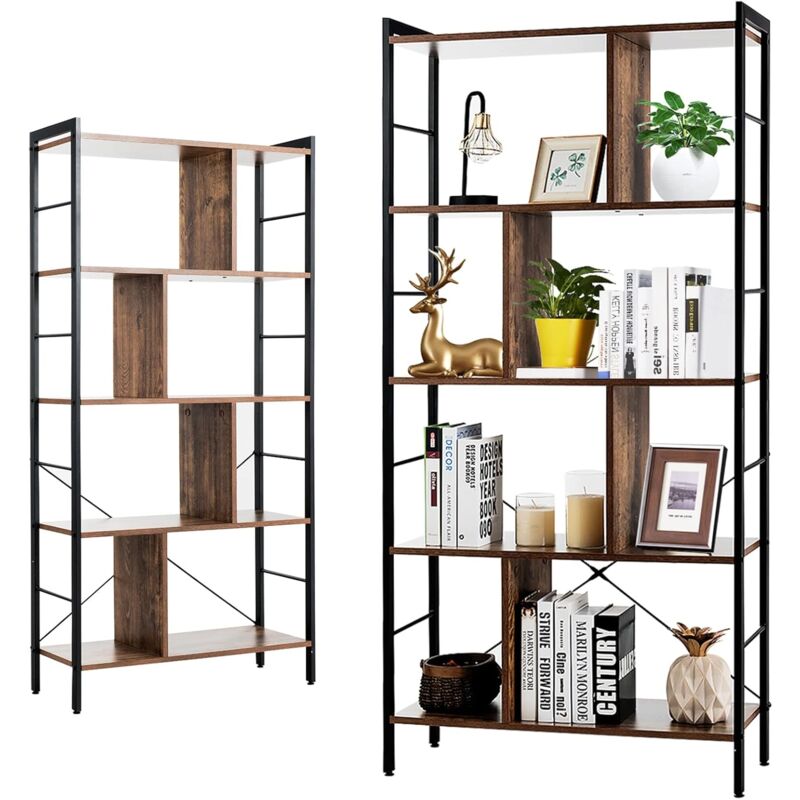 Relax4life - Bibliothèque à 5 Niveaux avec Cadre Métallique et Pieds Réglables, Étagère de Rangement sur Pieds au Style Industriel pour Salon,