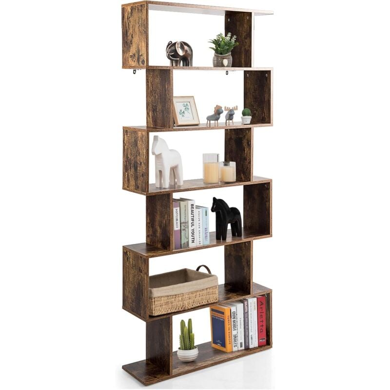 Relax4life - Bibliothèque à 6 Niveaux en Bois avec Design Zig Zag, Étagère de Rangement Anti-basculement pour Bureau, Salon, Chambre d'Étude (6