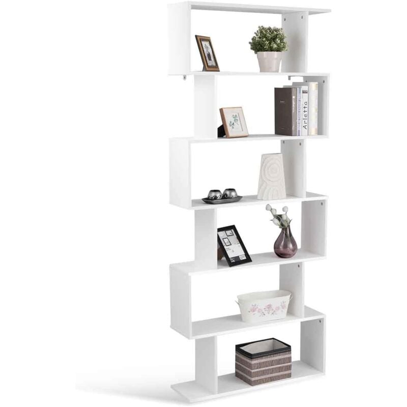 Relax4life - Bibliothèque à 6 Niveaux en Bois avec Design Zig Zag, Étagère de Rangement Anti-basculement pour Bureau, Salon, Chambre d'Étude (6