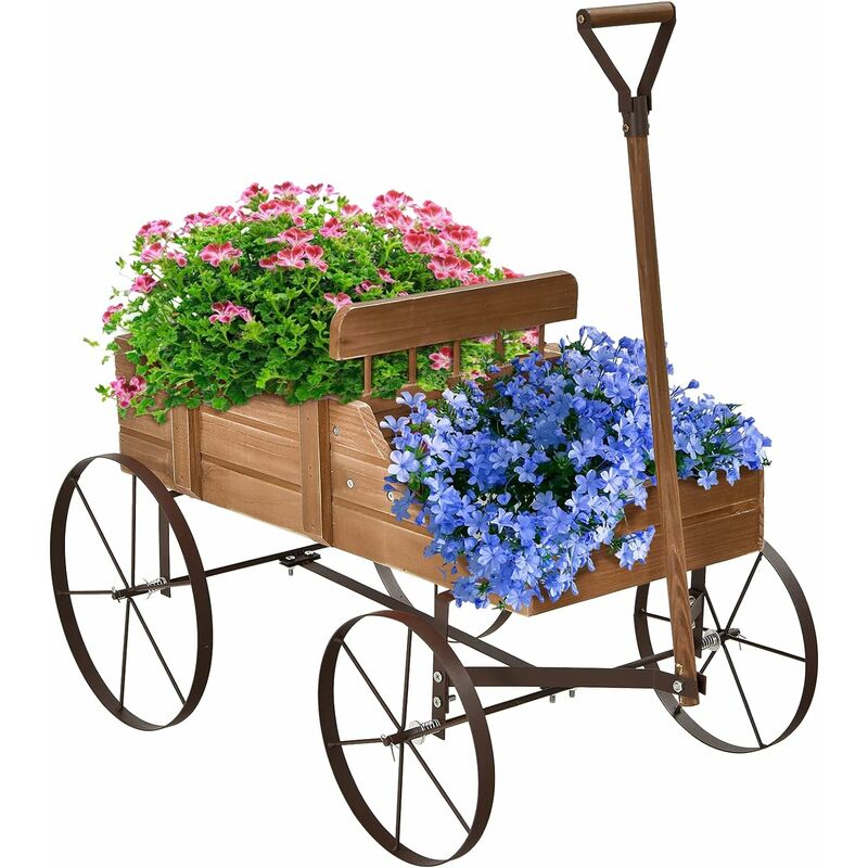 Brouette Décorative en Bois avec 4 Roues en Métal, Chariot à Fleurs avec Capacité de Charge Jusqu'à 15 kg, Bac à Fleurs pour Jardin Balcon Terrasse,