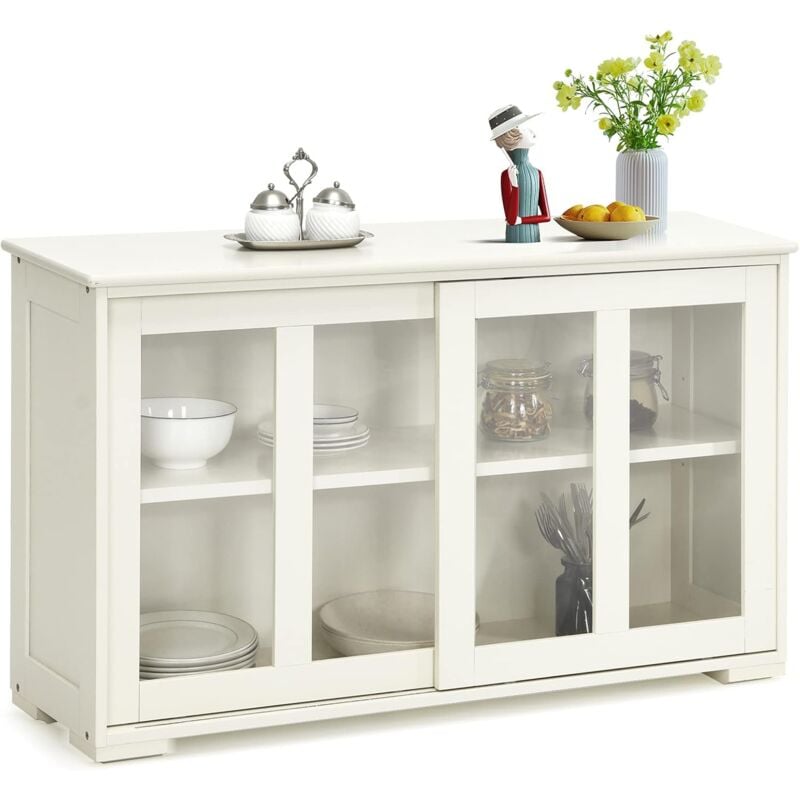 Buffet de Cuisine 2 Portes Coulissantes en Verre et 2 Couches Réglables, Buffet Cuisine Meuble Rangement Contemporain pour Cuisine Chambre Salon,