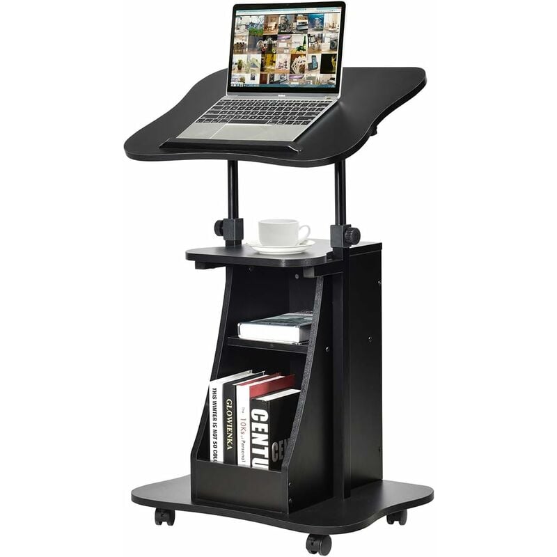 Relax4life - Bureau Assis Debout Mobile Hauteur Réglable 66-110CM avec Compartiment, Bureau d'Ordinateur Inclinable à 180° avec Étagère pour