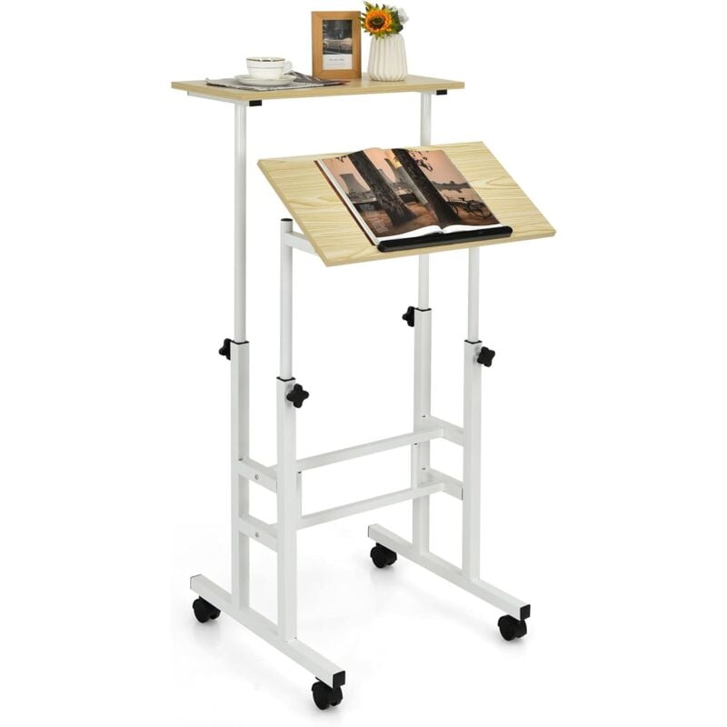 Bureau d'Ordinateur Réglable en Hauteur et Angle, Bureau Assis-Debout avec 2 Tablettes, 4 roulettes et Bande Antidérapante, Table d'Ordinateur pour