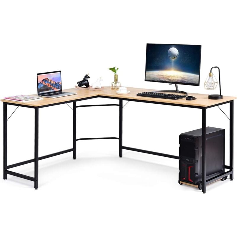 Relax4life - Bureau Informatique d'angle en Forme de l en Bois et Métal avec 6 Pieds Réglables, Poste de Travail avec Support cpu étude Table pour