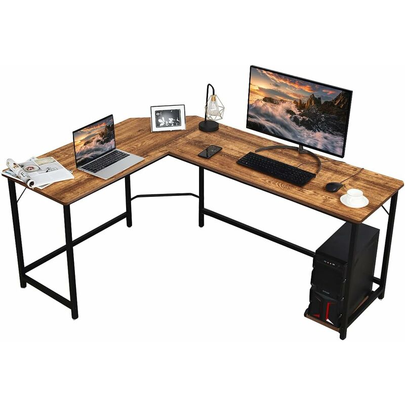 Relax4life - Bureau Informatique d'angle en Forme de l en Bois et Métal avec 6 Pieds Réglables, Poste de Travail avec Support cpu étude Table pour