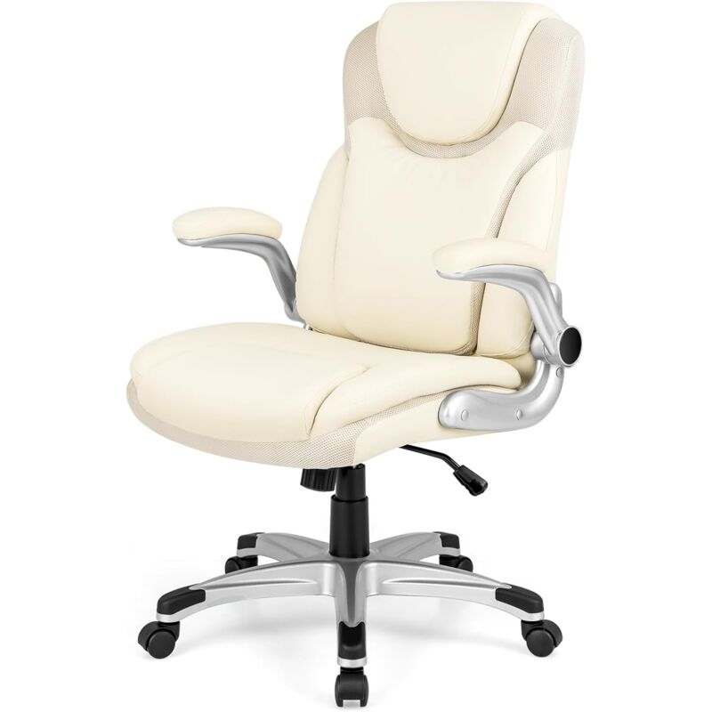 Chaise de Bureau avec Accoudoirs Rabattables, Chaise Pivotante à 360° et Réglable en Hauteur, 72 x 72 x 108-118 cm, Beige - Relax4life