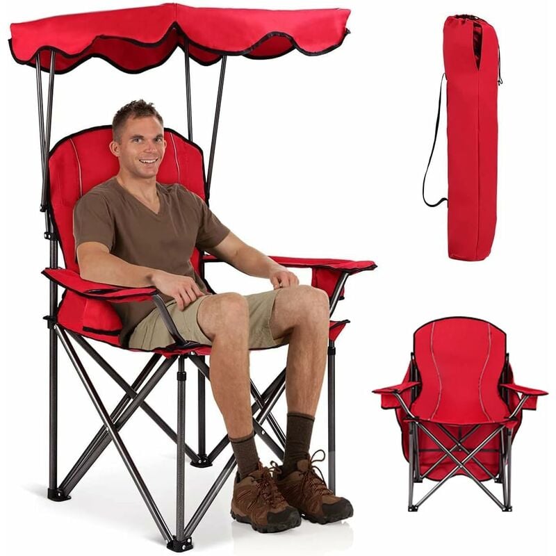 Chaise de Camping Pliante avec Toit Parasol,Porte-Boisson, Chaise de Pêche en Cadre Métallique Charge Max 120 kg pour Camping Pêche Excursion Plage