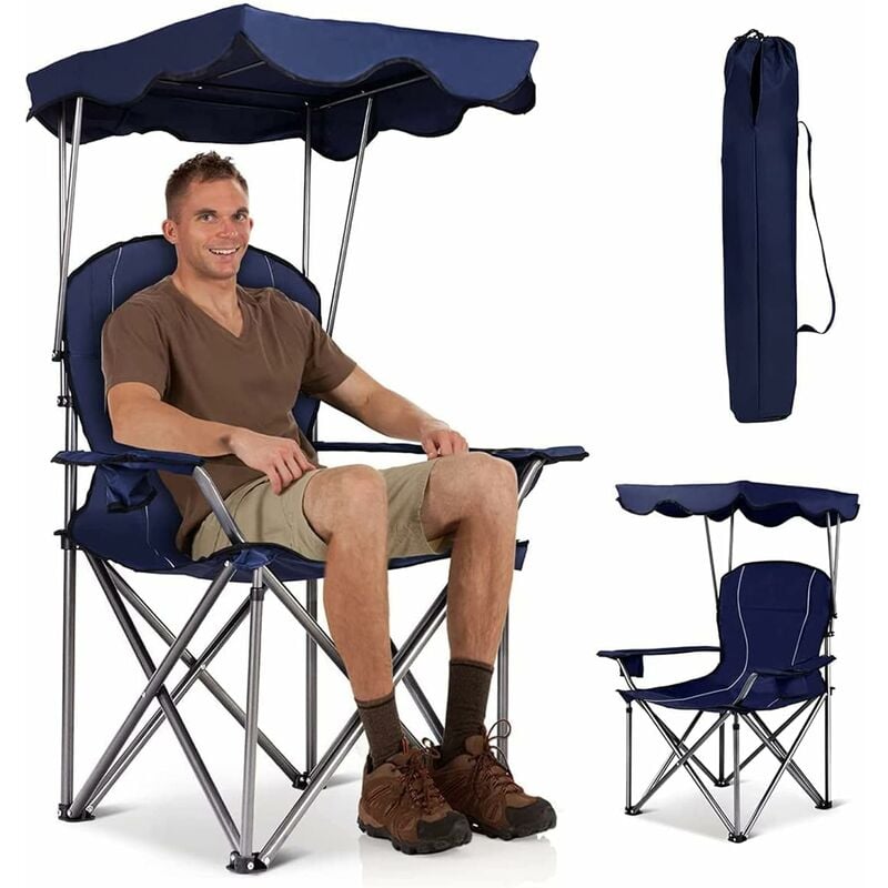 Chaise de Camping Pliante avec Toit Parasol,Porte-Boisson, Chaise de Pêche en Cadre Métallique Charge Max 120 kg pour Camping Pêche Excursion Plage