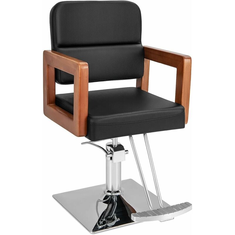 Chaise de Coiffure Réglable en Hauteur et Rotative à 360°, Chaise de Barbier avec Accoudoirs en Bois, Repose-pieds, Chaise de Salon Charge 150 kg,