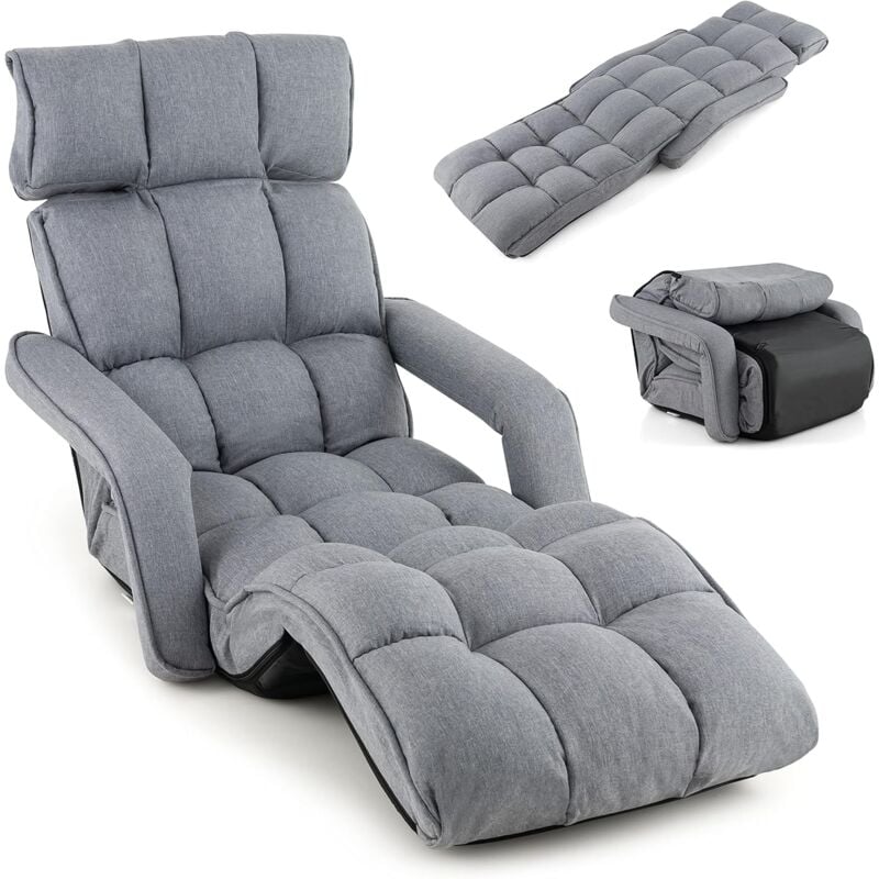 Relax4life - Chaise de Sol Rembourré Réglable en 6 Positions avec Appui-tête Accoudoirs, Chauffeuse 1 Place Convertible, Fauteuil Relaxant au Sol
