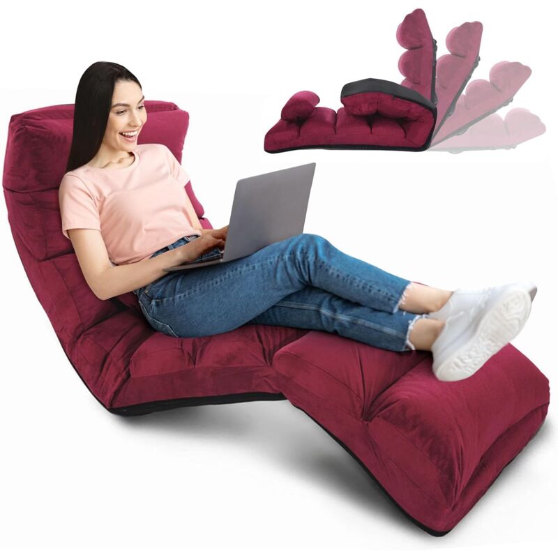 Chaise Paresseuse Rembourré avec Dossier 90°-180°et Oreiller, Fauteuil au Sol Pliable en Surface Suède, Convient au Bureau, Lire, 175 x 55 x 20CM