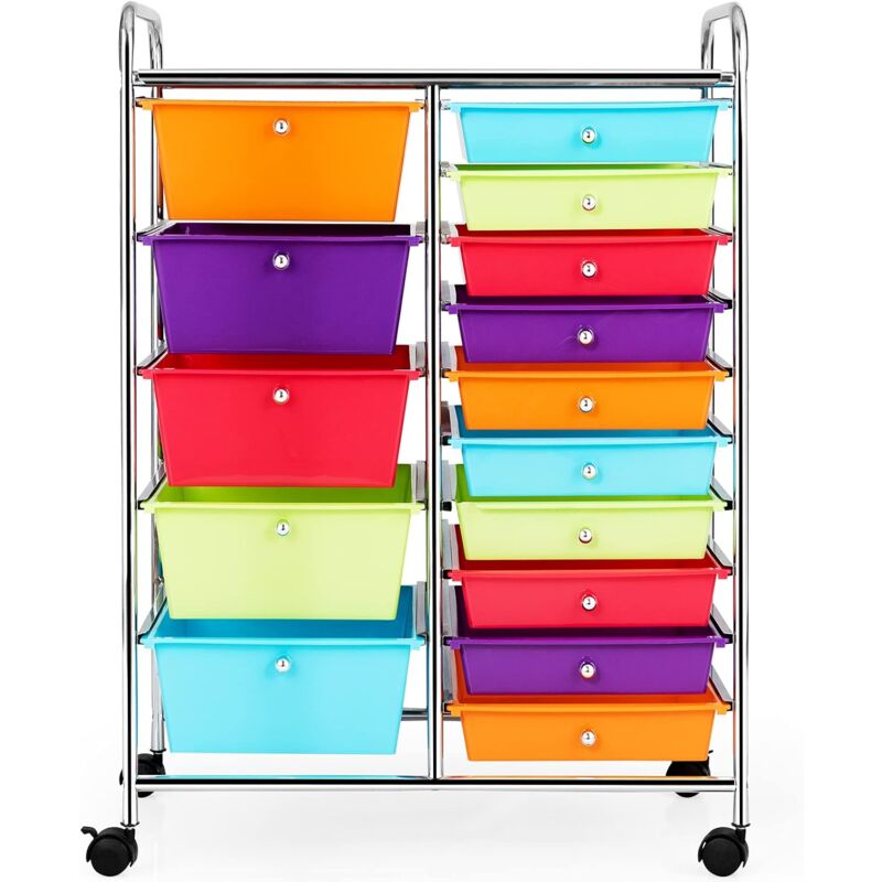 Relax4life - Chariot de Rangement avec 15 Tiroirs en pp et Cadre Métal, Tour de Rangement à 4 roulettes avec 2 Freins pour Bureau, Salon (10 étagères