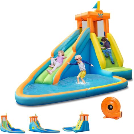 RELAX4LIFE Château Gonflable pour Enfants 3-10 Ans avec Pataugeoire, Toboggan Aquatique et Mur d’Escalade, Gonfleur 400-450W et Sac Inclus, Charge Max 90KG, 400x300x265 CM