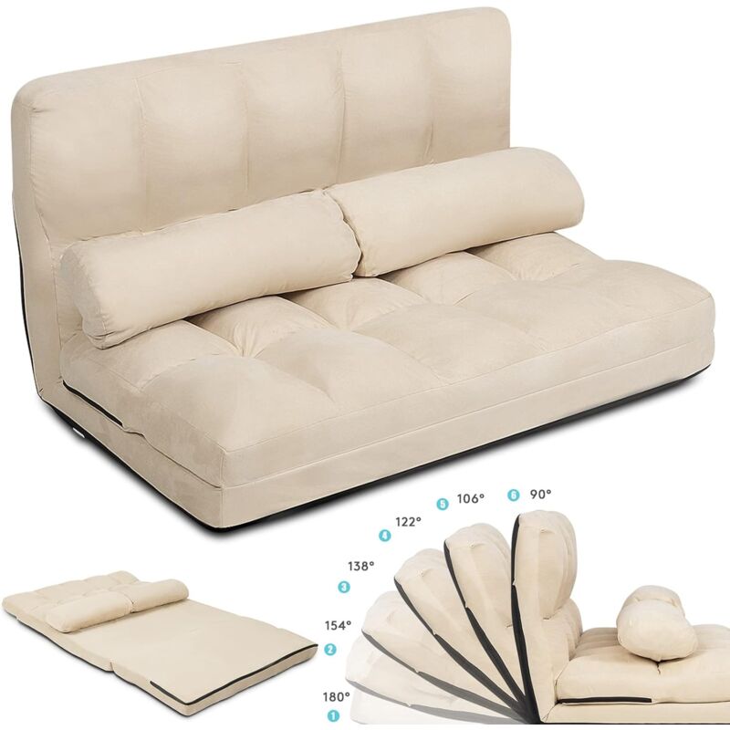 Relax4life - Chauffeuse 2 Personnes Pliable en Daim Dossier Réglable de 90 ° à 180 ° de 5 Positions avec 2 Oreillers, Fauteuil Couvertible Cadre