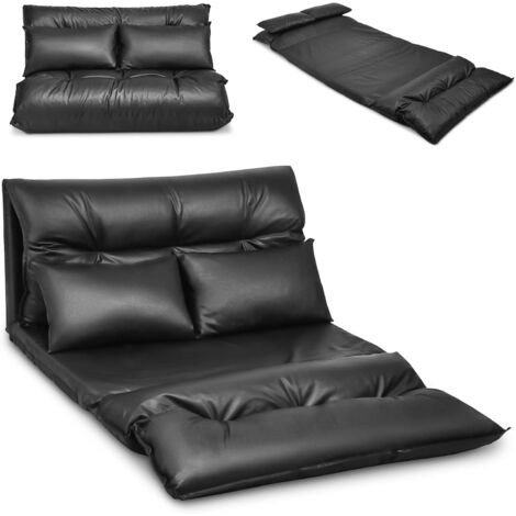 RELAX4LIFE Chauffeuse 2 Personnes Pliable en PU Cuir avec 2 Oreillers Dossier Réglable de 90 ° à 180 ° de 5 Positions, Fauteuil Couvertible Cadre Métallique Charge Max 150 KG