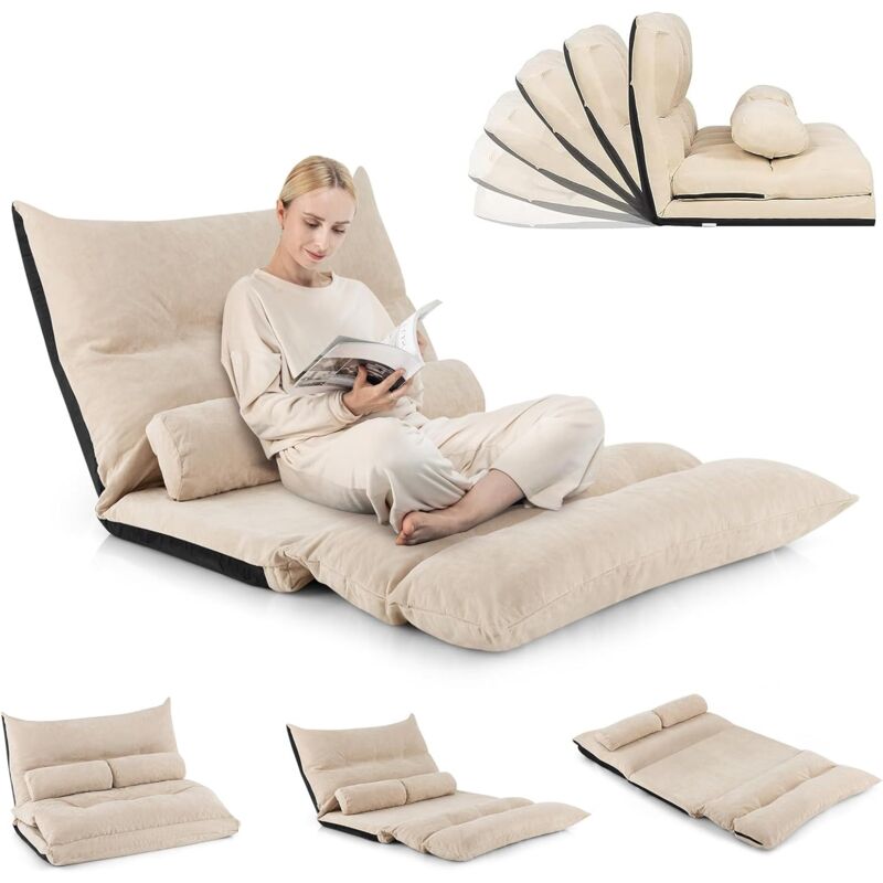 Relax4life - Chauffeuse 2 Personnes Pliable en Velours Glacé Dossier Réglable de 90 ° à 180 ° avec 2 Oreillers, Fauteuil Couvertible Cadre Métallique