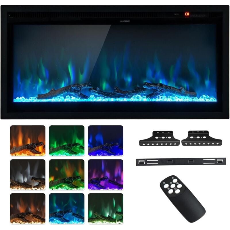 Cheminée Électrique 750W/1500W, Fausse Cheminée avec Effet Flamme 9 Couleurs & 5 Luminosité Réglables, Température 18-28℃, Minuterie, Télécommande,