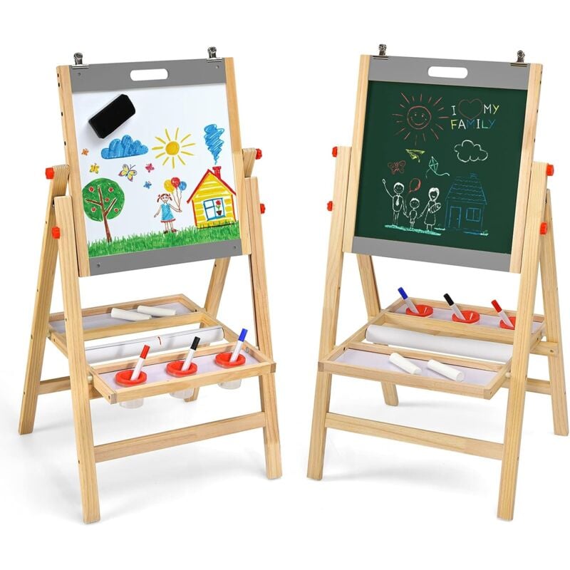 RELAX4LIFE Chevalet Enfant 3 en 1 en Bois Hauteur Réglable 79-104 CM, Ardoise Évolutive à Double Face, Tableau Pliable avec Rangement, Chevalet