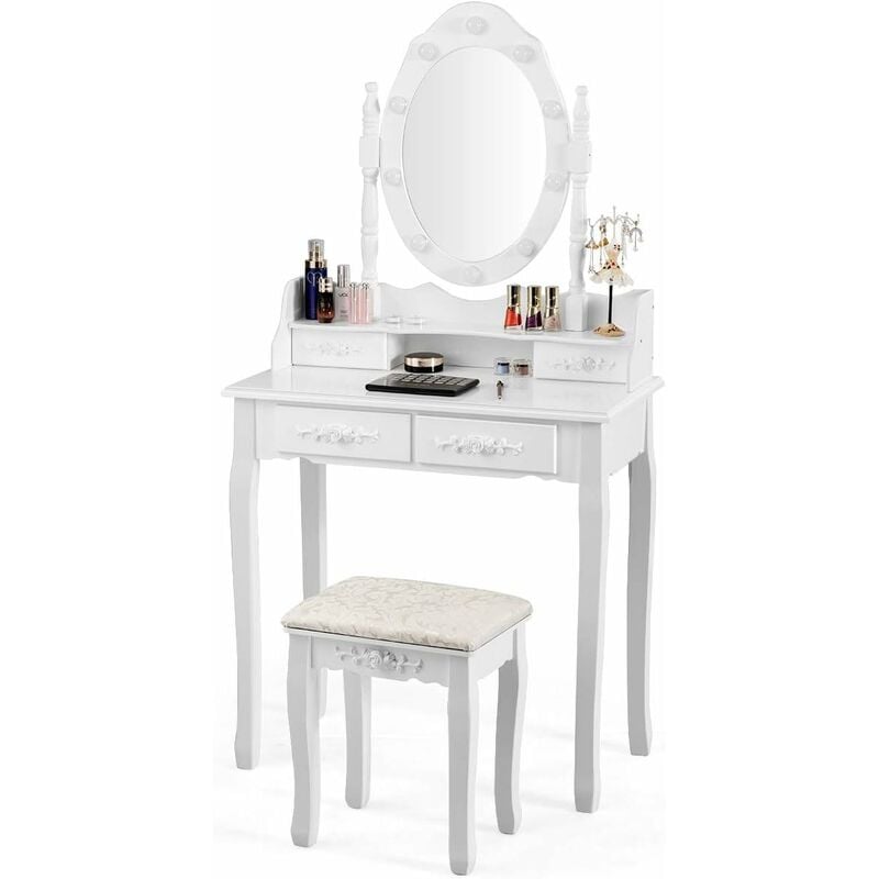 RELAX4LIFE Coiffeuse 2 en 1 avec Tabouret Rembourré, Miroir Rotatif à 360° et LED Réglables, Ensemble Table de Maquillage en Bois avec Tiroirs, 75 x