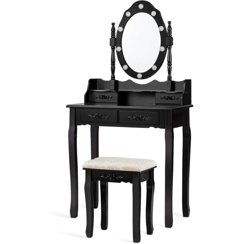 Relax4life - Coiffeuse 2 en 1 avec Tabouret Rembourré, Miroir Rotatif à 360° et led Réglables, Ensemble Table de Maquillage en Bois avec Tiroirs, 75