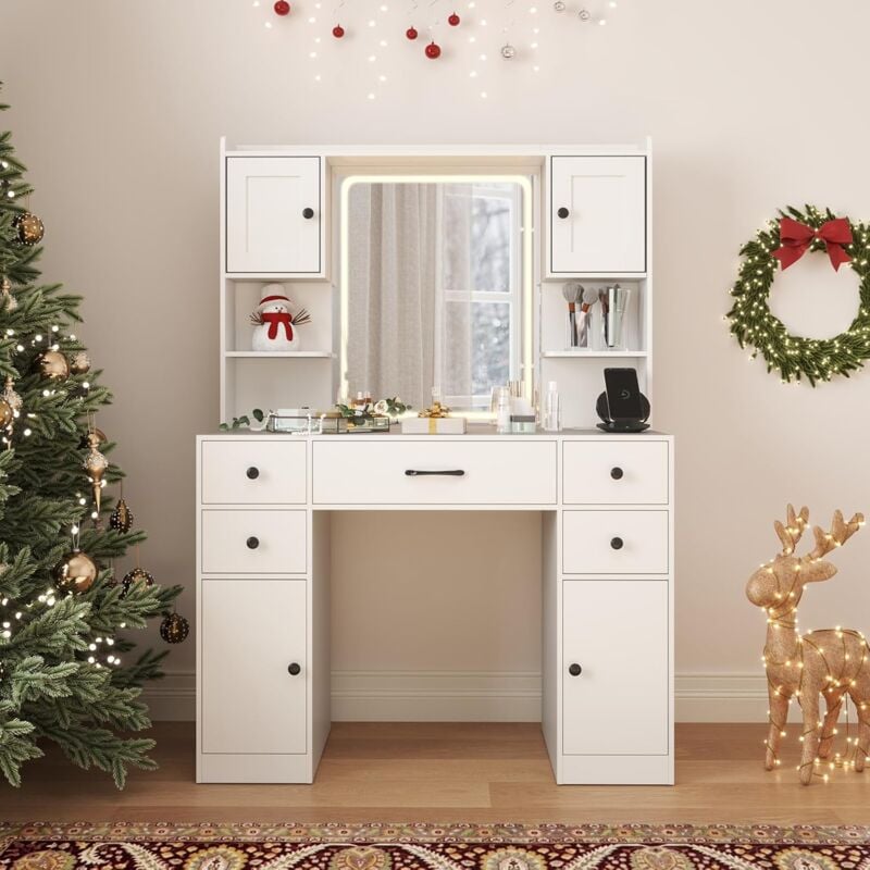 Relax4life - Coiffeuse avec Miroir led avec 3 Modes d'Eclairage et Luminosité Réglable, Station de Charge, 5 Tiroirs, 4 Armoires, Etagères Réglables,