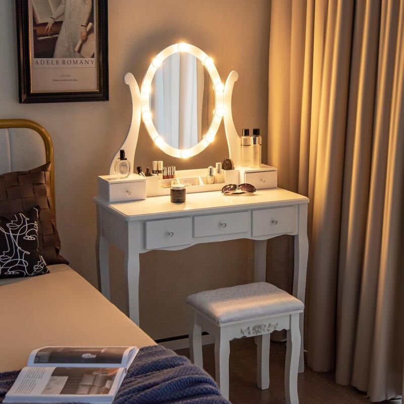Relax4life - Coiffeuse avec Tabouret led avec Miroir Rotatif, 10 Ampoules led, 3 Températures de Couleur, 5 Tiroirs de Rangement, Coiffeuse Eclairée
