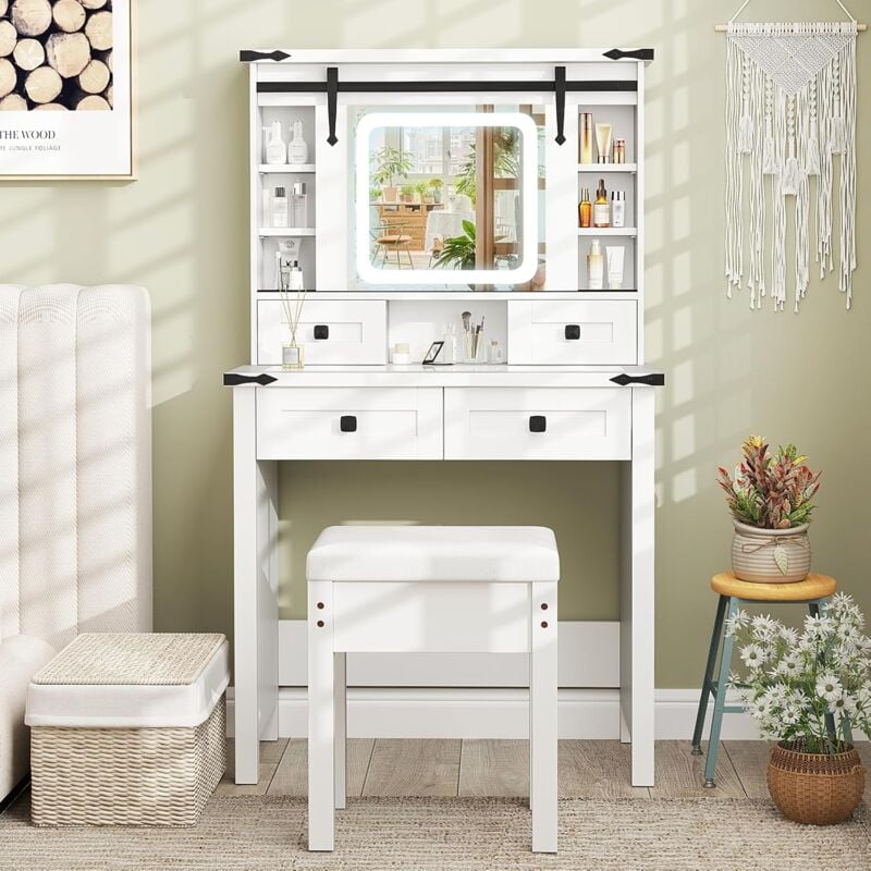 RELAX4LIFE Coiffeuse et Tabouret avec Miroir LED Coulissant, Coiffeuse avec 3 Modes d'Eclairage et Luminosité Réglable, Plateau en Verre Trempé, 4