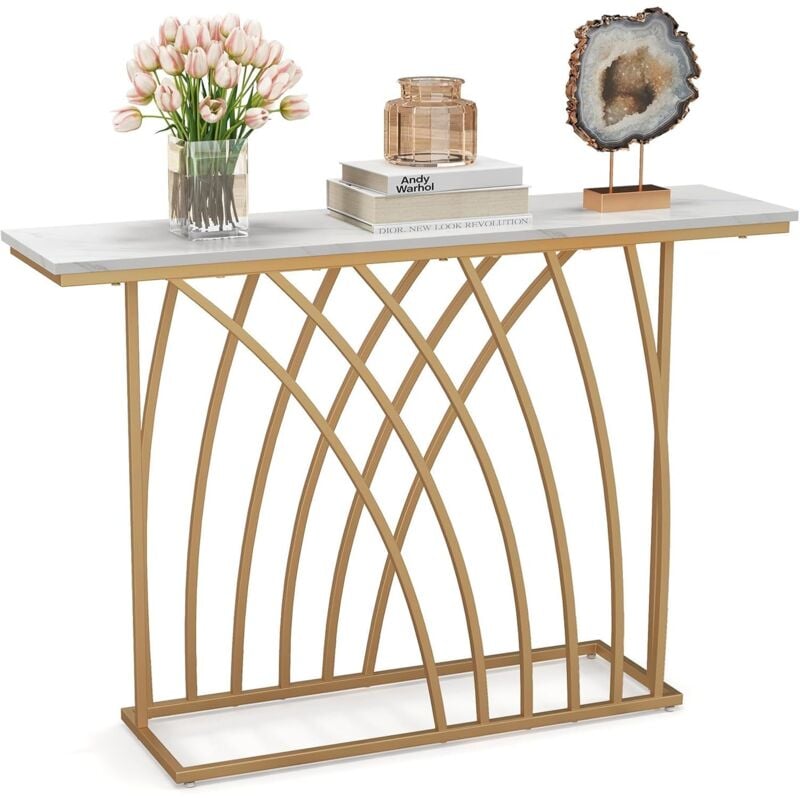 Relax4life - Table Console en Faux Marbre 120 x 30 x 80 cm, Table Meuble d'Entrée avec Cadre en Métal, Kit Anti-Basculement, pour Couloir, Salon, Doré