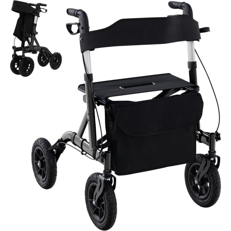 Relax4life - Déambulateur 4 Roues Pliable Léger Aluminium, Rollator avec Roues Tout-Terrain, Hauteur Réglable 81-94 cm, Siège, Sac, Porte-Canne, Aide