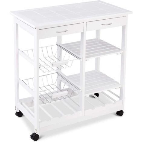 RELAX4LIFE Desserte de Cuisine à roulettes avec 2 Paniers, 2 Tiroirs, 2 Casiers à Vin et 2 Etagères, Chariot de Service pour Restaurants/Bars/Hôtel, 67X37X76CM (Blanc)